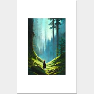 Greenish Anime Girl Morning Nature Forest Landscape Posters and Art